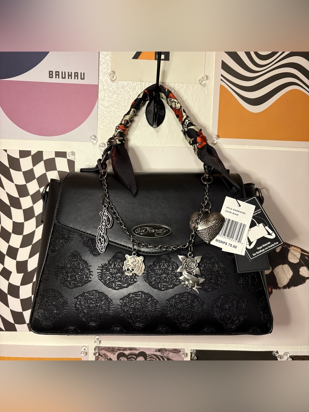 Ed Hardy Black Tiger Charm Satchel Crossbody Bag NWT